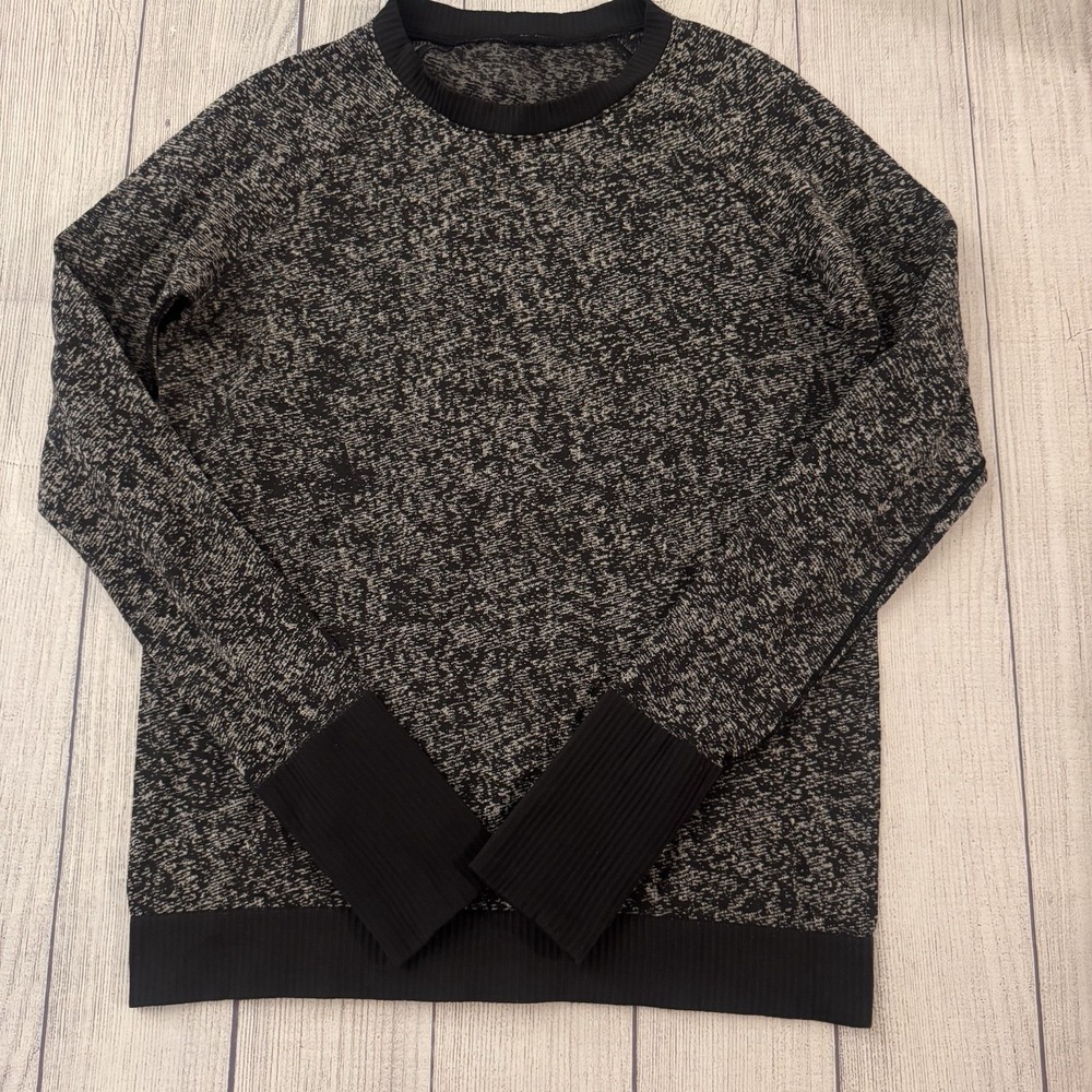 Lululemon Crewneck Pullover Sweatshirt‎ Thumbholes Black Gray Space Dye Size 10